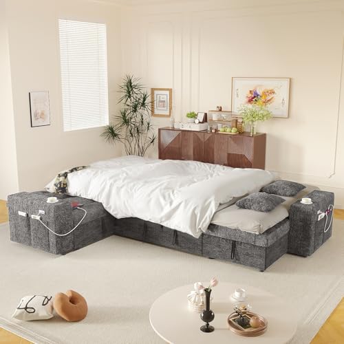Image of Modular Sectional Sleeper Sofa with Pull Out Bed, 108 Inch U Shaped 7 Seat Couches for Living Room, Chenille Fabric Cloud Couch Bed with Storage & Reclining Backrest, USB Charging, Grey