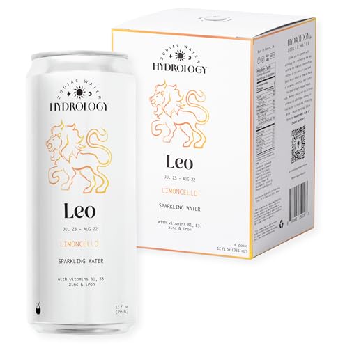 Hydrology Zodiac Water - Leo Limoncello - Organically Flavored Social Sparkling Water with unique Vitamins and Minerals tailored to the Leo Zodiac Sign, Astrology Drink for Birthday Gift (4-Pack, Leo - Limoncello)