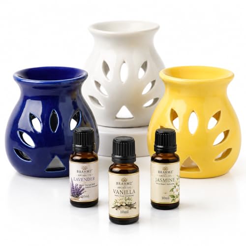 Image of BRAHMZ Ceramic Aroma Diffuser Gift Set of 3 with Lavender, Vanilla & Jasmine Oils | Tea Light Oil Burner | Home Fragrance Aromatherapy Diffuser for Bedroom & Living Room