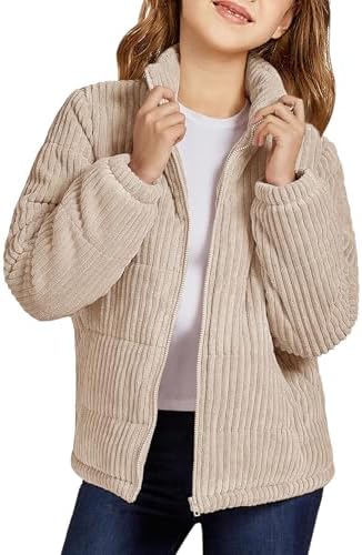 Floral Find Girls Long Sleeve Winter Jacket Coats Zip Up Stand Collar Corduroy Quilted Outerwear Jackets with Pocket