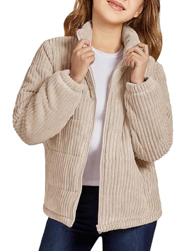 Image of Floral Find Girls Long Sleeve Winter Jacket Coats Zip Up Stand Collar Corduroy Quilted Outerwear Jackets with Pocket (Khaki, 4-5Y)