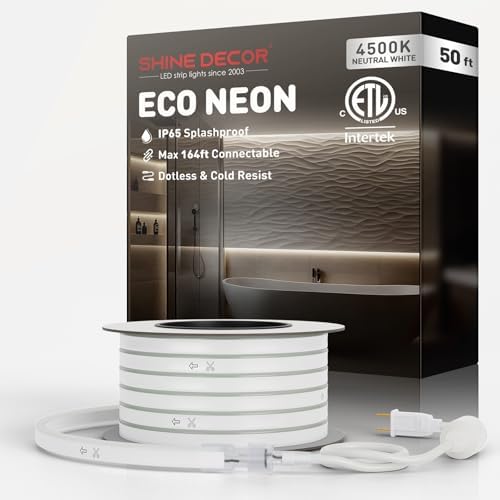 Shine Decor LED Rope Lights AC 120V, Connectable & Cuttable Dotless 120LEDs/M Eco Neon Strip Lighting, ETL IP65 Waterproof & Weather-Resistant for Home Commercial, 8x16mm, 4500K Neutral White, 50FT