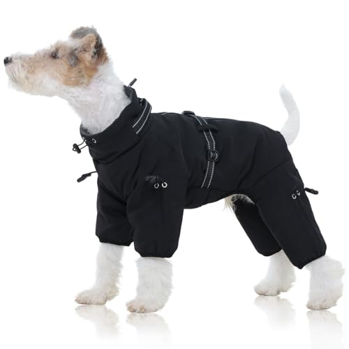 FUAMEY Full Body Dog Coat,Warm Dog Fleece Jackets with Harness Built in Windproof Dogs Snowsuit Zip up Pet Four Legged Pets Jumpsuit Winter Outfit Cold Weather Coats for Extra Small Dogs Black XS