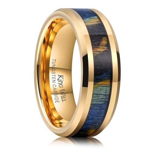 King Will Mens 8mm Tungsten Carbide Wedding Band Rings - Black/Gunmetal/Gold Promise Rings Inlay Multicolored Wood Chips, Comfort Fit Size 7-14