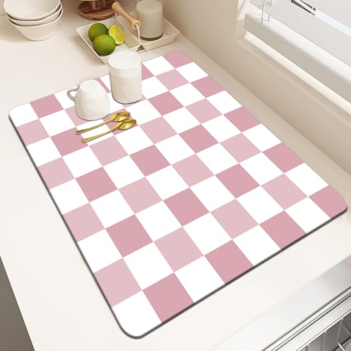 MCALK Coral Checkered Dish Drying Mat for Kitchen Counter, Coffee Bar Station Accessories with Anti-Slip Rubber Base, Absorbent Kitchen Sink Mat with Modern Art Decor (1 pc 18" x 16")
