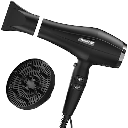 ANNLARY Ionic Hair Dryer with Diffuser, Blow Dryer, Professional 1875W Powerful AC Motor Hairdryer with 8.2Ft Cord for Women & Men, Fast-Drying Blow Dryer with Nozzle for Home, Salon