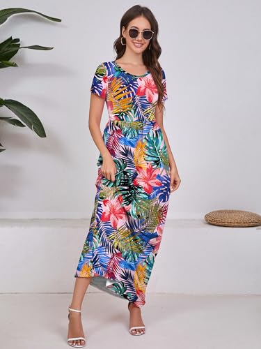 DEARCASE Women's Short Sleeve Maxi Dresses Floral Pink Tropical Large Loose A-line Casual Party Vintage Spring Summer Flowy Beach Sundress Hawaiian Boho Vacation Casual Long Dress with Pockets — view 3