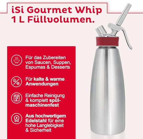 Foto von ISI Gourmet Whip Sahnespender 1L + Edelstahltüllen + Trichter + Sieb + Whipper Verschlusskappe im Bundle Sahnesprüher aus 100% Edelstahl für Sahne, Suppen, Espumas & Desserts