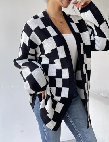 Mywinway Women's Checkered Long Cardigan Sweaters Fall Winter Open Front Long Sleeve V Neck Cute Knit Oversized Tops3