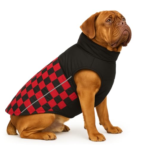 Image of The Pets Company Dog Winter Coat Jacket, Clothes, Windproof, Waterproof, Light Weight, Washable, Ultra Warm Thick Fleece Lined Dog Vest for Cold Weather Protection, (Red Check, XX-Large - 30 Inch)