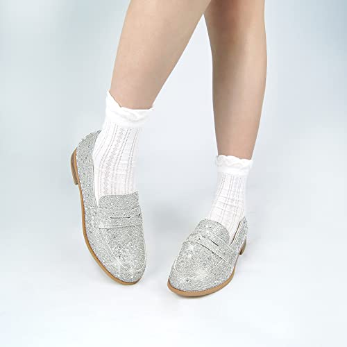 Sovanyou Silver Rhinestone Loafers For Women Round Toe Slip-On Low Heel Penny Loafers Bling Glitter Sparkle Loeafers Flat Loafer Shoes For Women #TOP5