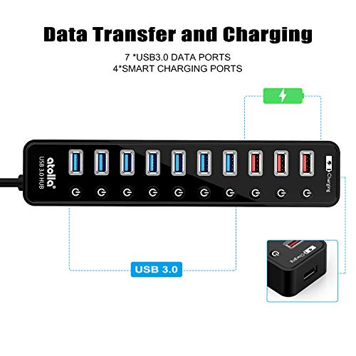Powered Usb 3.0 Hub, Atolla Usb 3.0 Data Hub 11 Ports - 7 Usb 3.0 Data Ports + 4 Smart Charging Port With Individual On/Off Switches And 12V/4A Power Adapter Usb Hub 3.0 Splitter #TOP3
