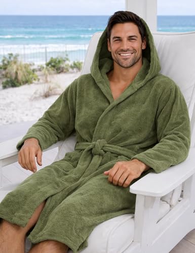 Morgenstern Bademantel Herren Kapuze Frottee 100% Baumwolle OEKO-TEX® Lang Cadiz Oliv-Grün M