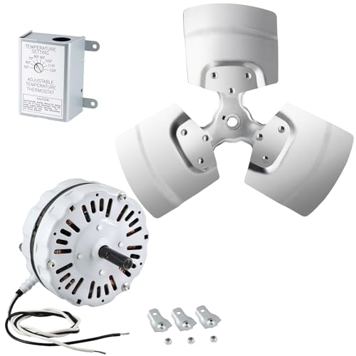 Criditpid Replacement F0510B2497 Lomanco Power Vent Attic Fan Motor, 58033 Adjustable Thermostat Switch & Fan Blade Kit, F0510B2944 White Motor 1/10hp, 1100RPM, 115Volts.