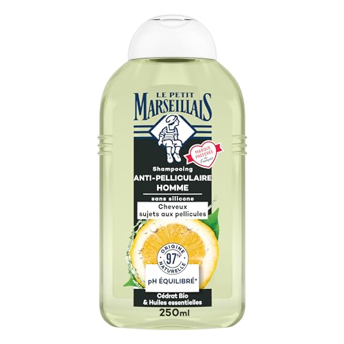 Le Petit Marseillais – Shampooing Anti-Pelliculaire Homme Cédrat Bio & Huiles Essentielles (flacon de 250 ml) – Shampoing sans silicone pour cheveux...