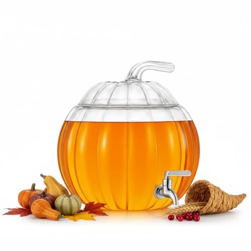 Glass Pumpkin Drink Dispenser 2 Gallon | Thanksgiving & Winter Beverage Server with Spigot | Clear Pumpkin Punch Bowl for Winter Parties, Harvest Gatherings, Kitchen Bar & Holiday Drink Station Decor