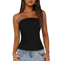 BTFBM Womens Strapless Tube Tops 2025 Summer Trendy Casual Ruched Stretchy Going Out Bodycon Bandeau Top(Black, Medium)