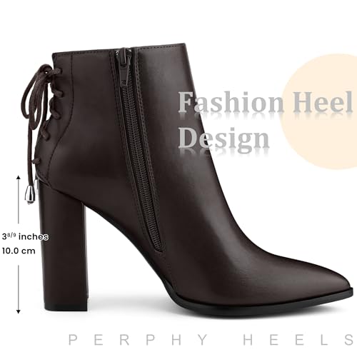 Perphy Pointed Toe Back Lace Up Chunky Heel Dark Brown Ankle Boots for Women 7.5 M US by Perphy - Used condition - Image 2
