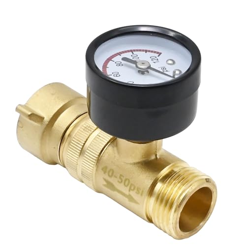 image for DUZFOREI Brass RV Water Pressure Regulator 40-50PSI with Gauge and Fil