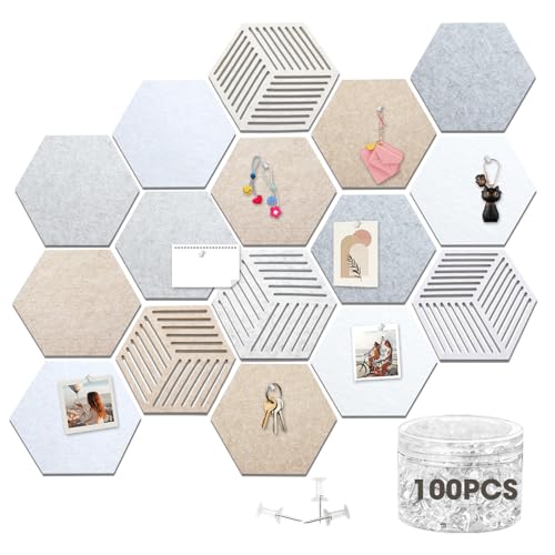 Image of 16 Pcs Hexagon Cork Boards for Walls Decor, 12“ Board Tiles Adhesive Cork Bulletin Board Tiles with 100 Pins for Office School Home Wall Decor Stickers Photos Display