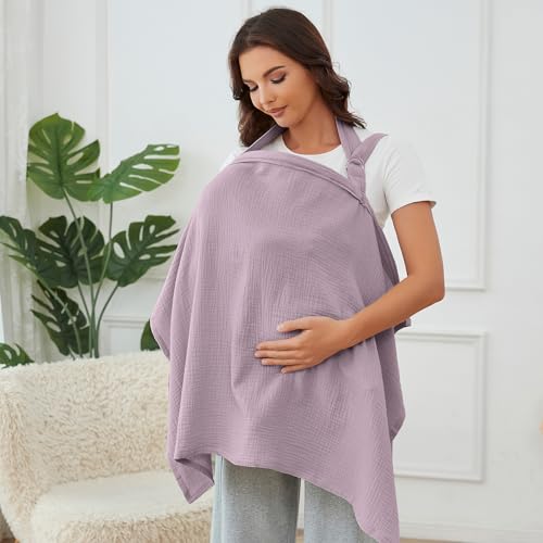 Image of Nursing Cover for Baby Breastfeeding with Rigid Hoop, Breathable Soft 100% Muslin Cotton, Baby Breast Feeding & Pumping Apron (Light Purple)