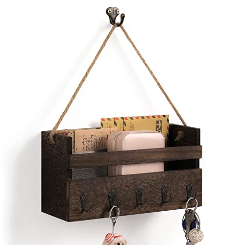 Wandregal mit Haken Holz Schweberegal für Wandmontage Bauernhaus Schlüssel und Briefhalter mit Regal Hängende Wanddekoration Organizer Regale für Flur, Eingang, Wohnzimmer, Schlafzimmer, Büro, Braun Cover