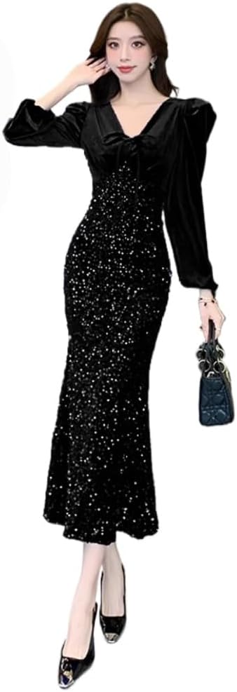 Autumn and Winter Velvet ​​Sequin Dress for Womens Banquet Evening Temperament Showing Fishtail Skirt
