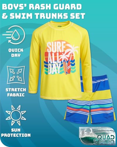 Image of Quad Seven Boys 2-Piece Rash Guard Swimsuit Set Short-Sleeve (Sizes 5-12) | Lightweight Quick-Dry Fabric with Sun Protection, Matching Top & Trunks, Adjustable Drawstring Waist for Pool or Beach Days
