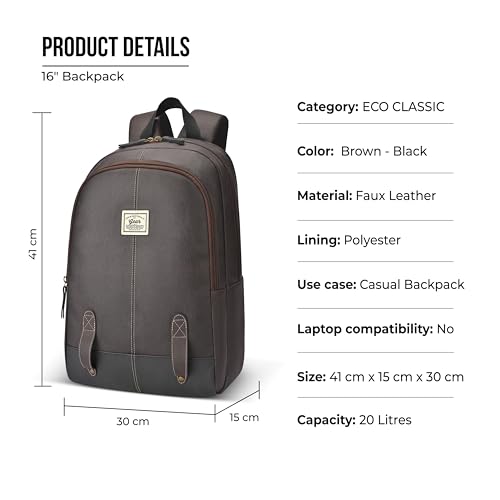 Image of Gear Eco Classic 16 inch /20L Medium Water Resistant Faux Leather Daypack | Casual Backpack | Travel Bag for Men /Women (Brown - Black)