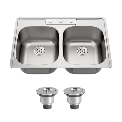 Quikore 33x22 Double Bowl Drop In Kitchen Sink 33 Inch Topmount 304 Stainless Steel 18 Gauge Curved Shape Round Corner 50/50 Sinks with Basket Strainer 33\" x 22\" x 9\"