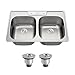 Quikore 33x22 Double Bowl Drop In Kitchen Sink 33 Inch Topmount 304 Stainless Steel 18 Gauge Curved Shape Round Corner 50/50 Sinks with Basket Strainer 33