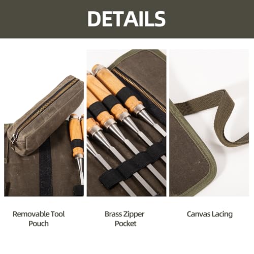 Heavy Duty Waxed Canvas Tool Roll with Detachable Zipper Pouch & 7 Storage Slots & Tie Rope - Organization Bag for Mechanics, Plumbers, & Truckers - Image 6