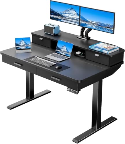 Image of HUANUO 48 x 30 inch Electric Standing Desk with 2 Wood Drawers, Adjustable Height Sit Stand Desk for Home Office, Ergonomic Stand up Desk with 4 Memory Presets, 176 lbs Capacity, Black Top