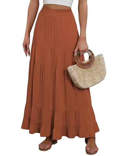 Image of ANRABESS Womens Maxi Skirt Elastic High Waist Swing Tiered A-line Flowy Pleated Boho Beach Vacation Long Skirts