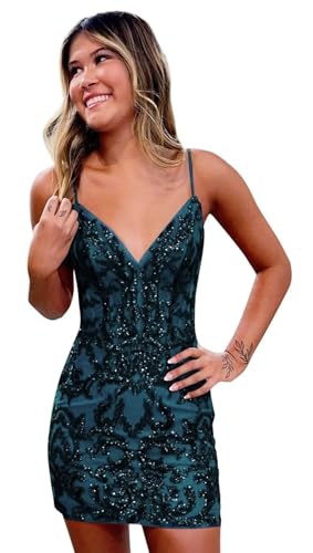 Sequin Sparkly Homecoming Dresses for Teens Short Tight Spaghetti Straps V-Neck Cocktail Party Gown Mini Prom Dress