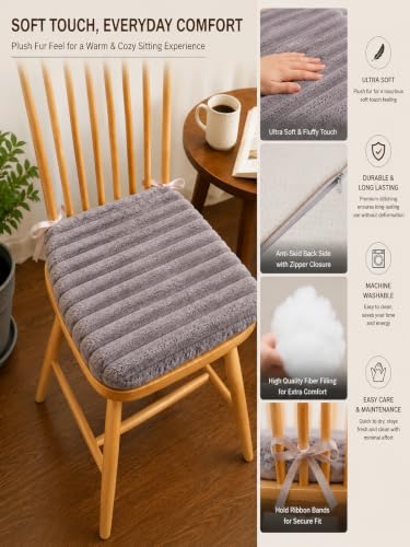 Image of COZY FURNISH Grey Solid Fluffy Chair Seat Cushions with Ties, 16x16 Inch Faux Fur Dining Chair Pads with Foam Filling, Pack of 2