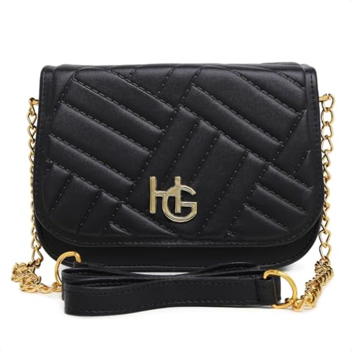 Bolsa Transversal Feminina Preta, Alça de Corrente Dourada, Design Matelassê, Detalhe em Metal HG (preto)