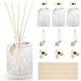 Glass Reed Diffusers Bottles for Home, Diffuser Bottles with 20PCS Reed Diffuser Sticks, Vintage Embossed Apothecary Style Flower Bud Vases with Cork Lids, Set of 3