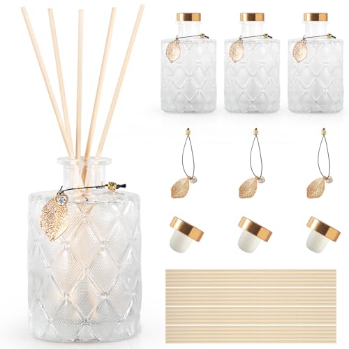 Glass Reed Diffusers Bottles for Home Diffuser Bottles with 20PCS Reed Diffuser Sticks Vintage Embossed Apothecary Style Flower Bud Vases with Cork Lids Set of 3