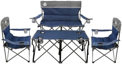 Folding Camping Chair Set of 4,Portable Collapsible Conversation Set w/1 Sofa,2 Single Chairs and 1 Table for Family Patio,Outdoor Travel,Beach(Blue)