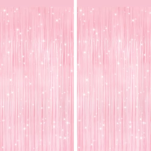 2 Pack Pastel Pink Metallic Tinsel Foil Fringe Curtains Door Streamers Photo Booth Backdrop for Birthday Party Tinsel Curtain Backdrop for Baby Shower Bachelorette Christmas Party Decorations
