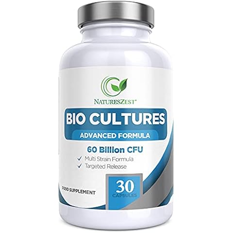 Natures Zest 60 Billion CFU Bio Cultures Probiotics with Prebiotics 30 Capsules Highest Strength Multi Strain Advanced Formula for Adults (Men/Women) Food Supplement Cover