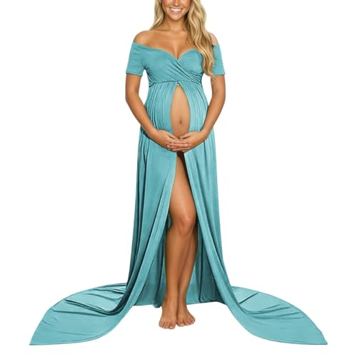 Eauptffy Ropa de Maternidad Boatneck Cómodo Ligero Vestido de Embarazo con Cuello en V Ropa de Maternidad Suave Ropa de Maternidad Color Sólido Elegante Vestido Largo Clásico Vestido Envolvente, O