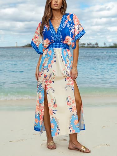 Image of CUPSHE Womens Tropical Floral Maxi Dress V Neck Short Sleeve Smocked Side Slit Dress Summer Vacation Beach Pocket Long Dress