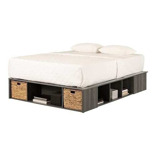 South Shore Prairie Storage Platform Bed With Wicker Baskets, Full, Gray Maple #TOP4