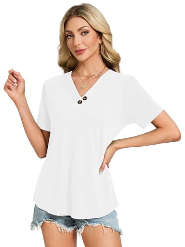VUTRU Womens Tunic Tops V Neck Blouse Puff Short Sleeve Cute Summer Shirts Loose Flowy Work Casual Beach Travel Holiday, White S — view 6