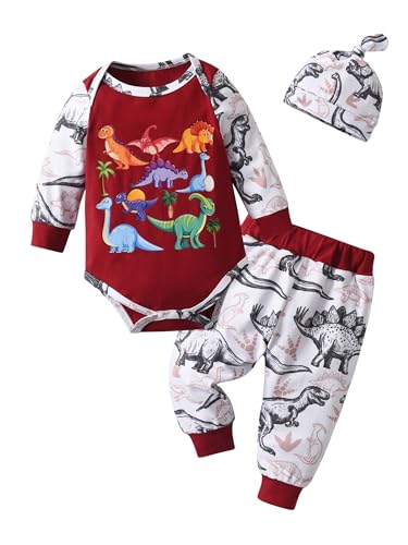 Openatey 3PCS Newborn Infant Baby Boy Clothes Outfits Set Long Sleeve Animals Print Romper Pants Hat Clothing Suit Brown 0-3 Months