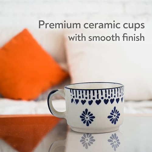 Image of Classyo Ceramic Tea Cup Set of 6 for Tea, Microwave and Dishwasher Safe, Capacity - 220ml Each (Blue Floral)