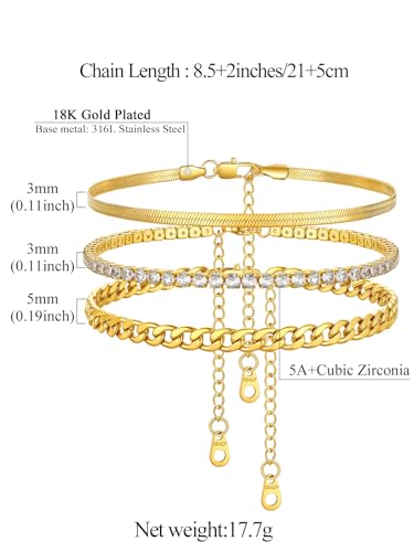 Image of FindChic Black /Silver /Gold Plated Anklets Set of 2PCS /3PCS Herringbone Chain Cuban Link Heart Charm Sparkling Tennis Ankle Bracelets, Waterproof Summer Foot Jewelry for Beach