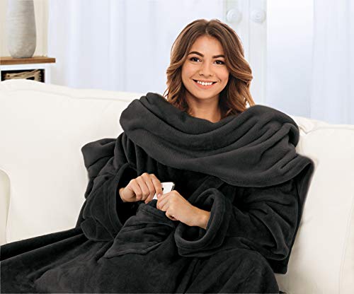 Gözze - Premium Kuscheldecke mit Ärmeln und Brusttasche, 150 x 240 cm - Schwarz – Ansicht 2